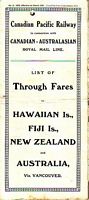 CANADIAN PACIFIC RAILWAY -  List of Through Fares to HAWAIIAN Is., FIJI Is., NEW ZEALAND and AUSTRALIA via Vancouver