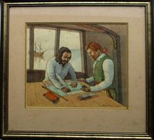 PAINTING : CAPTAIN TORRES AND CHART OF NEW GUINEA